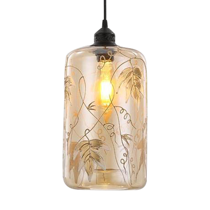 Modern Amber Glass Hanging Light: Cylindrical Pendant Lamp With Leaf Pattern For Bedroom
