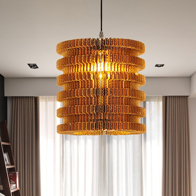 Stylish Asian Restaurant Pendant Light Fixture - Brown Hanging Lamp With Corrugated Paper