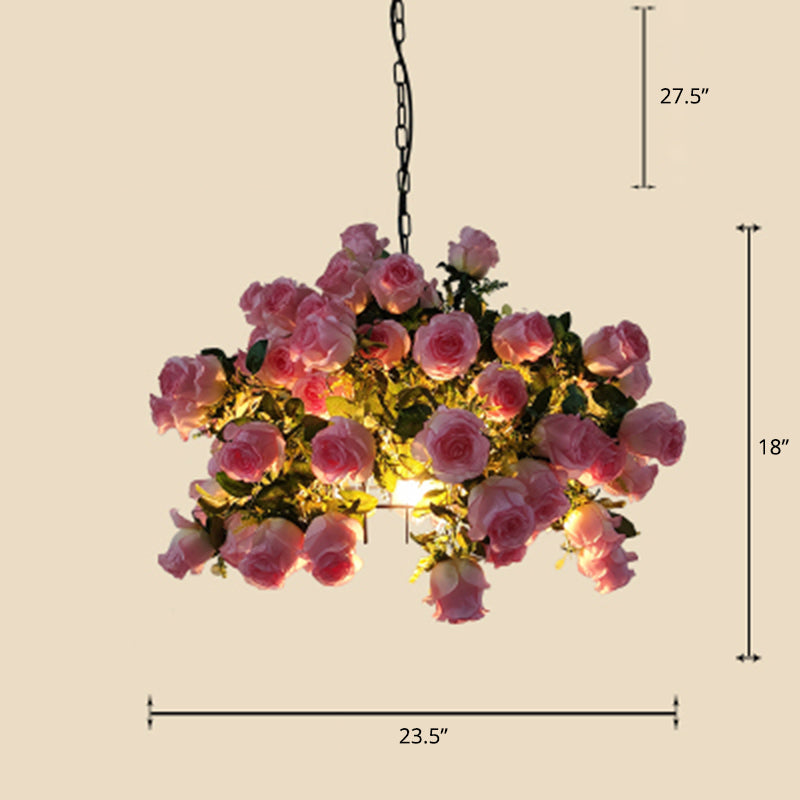 Rustic Metal Pendant Light Fixture With Circle Design And Faux Flower & Leaf Accents Pink