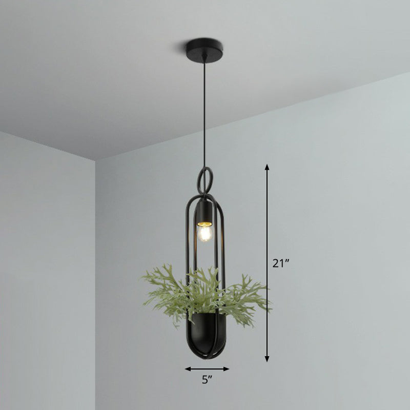 Faux Pot Plant Pendant Light - Industrial Black Metal Hanging Lamp With Bare Bulb Design 1 Bulb
Or