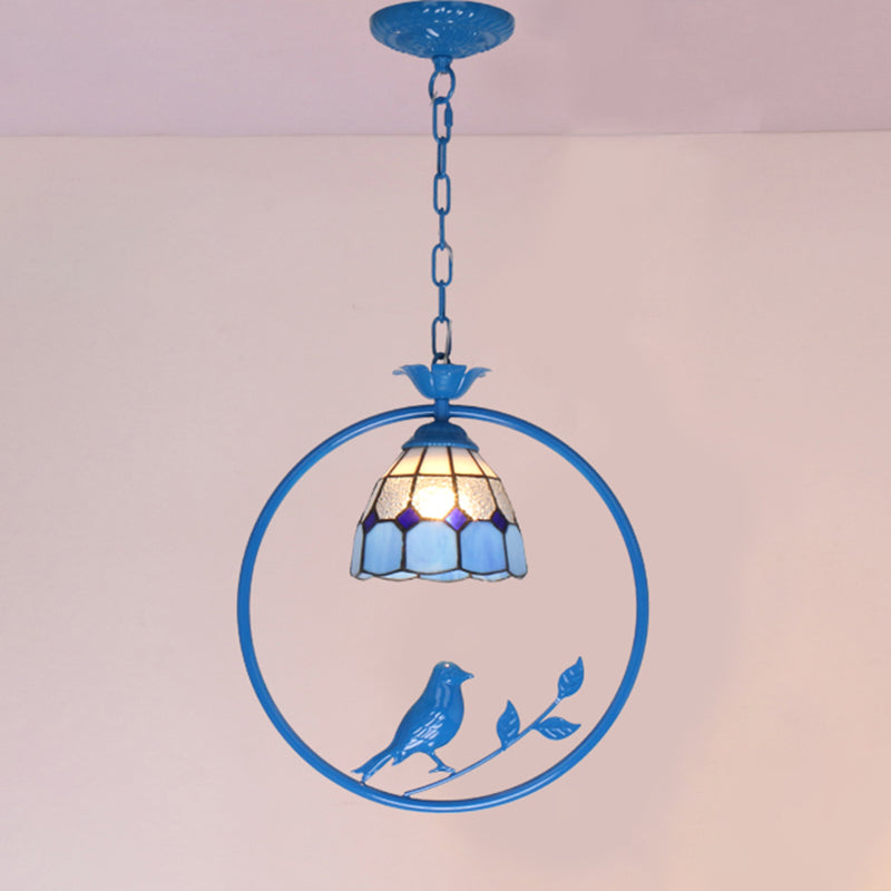 Blue Vintage Tiffany Glass Pendant Ceiling Lamp For Bedroom With 1 Head / Dome