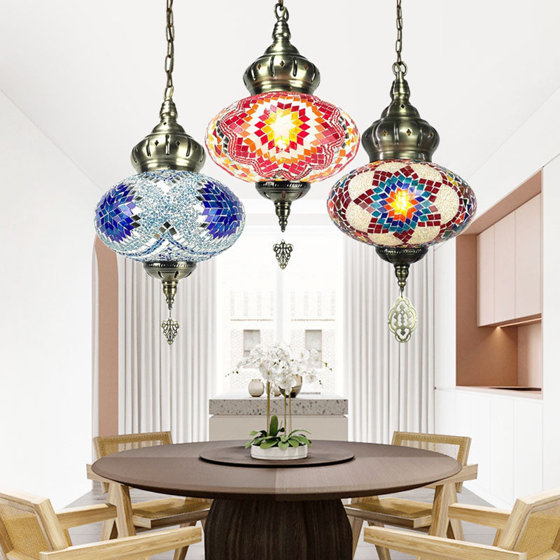 Vintage Lantern Pendant Light With Carved Metal Drop - Red/Blue/Rose Glass 1/3 Heads Multi-Color / 3