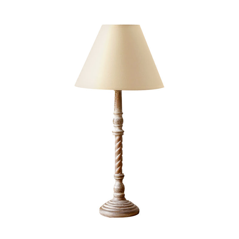Traditional White Barrel Shape 1-Light Fabric Desk Lamp: Bedroom Reading Light With Wood Base