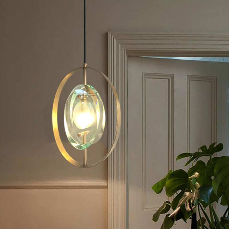 Contemporary Gold Oval Frame Pendant Ceiling Light With Crystal Shade - 1 Head Metal Fixture