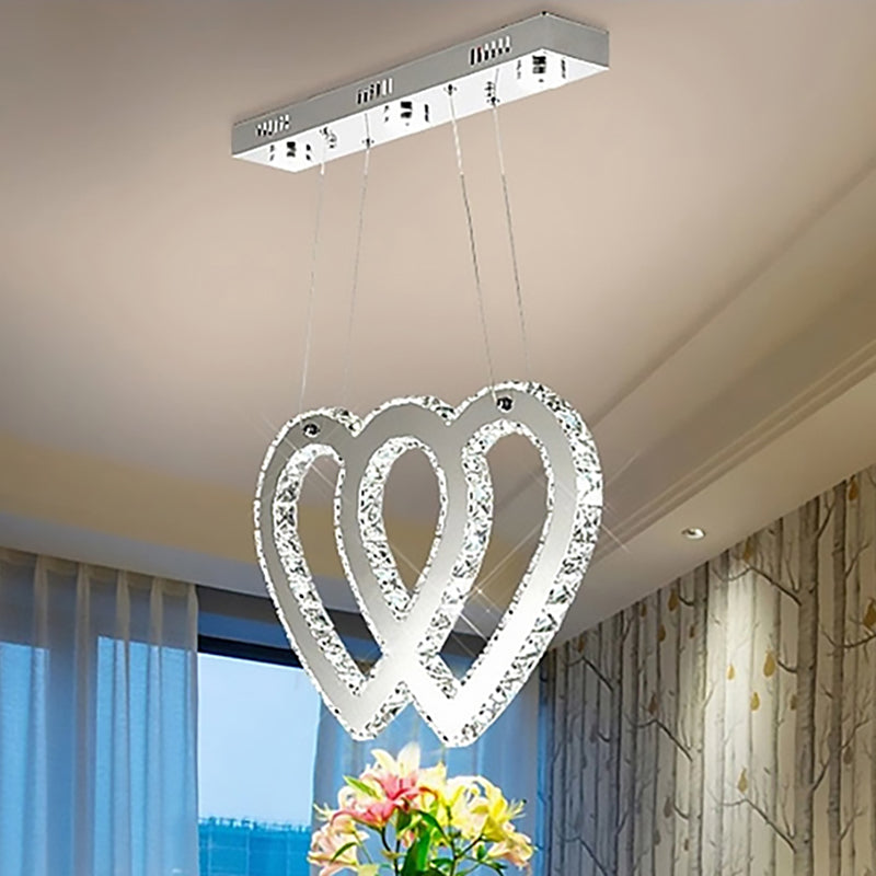 Silver Double Heart Crystal Led Chandelier For Modern Dining Spaces / White