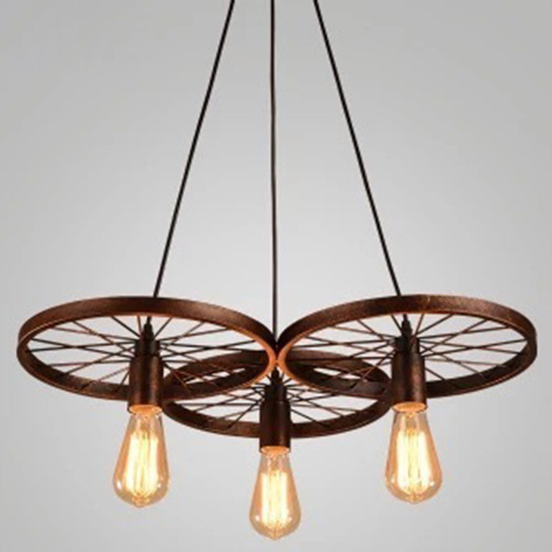 Vintage Black Metal Wagon Wheel Hanging Pendant Light For Coffee Shop Suspension 3 / Rust