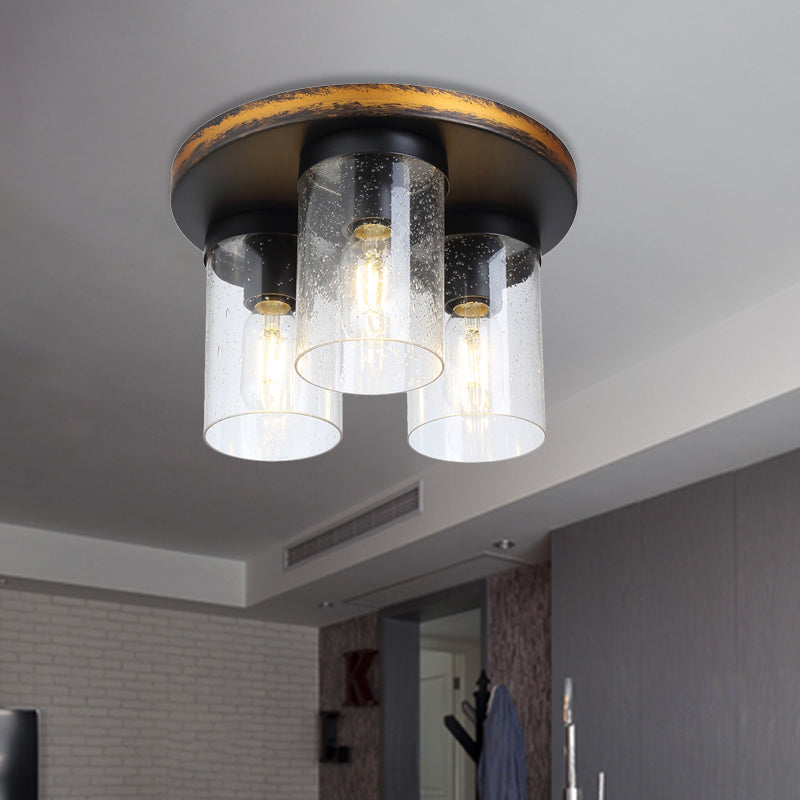 Rustic Clear Glass Ceiling Light With 3 Downward Cylindrical Bulbs - Flushmount