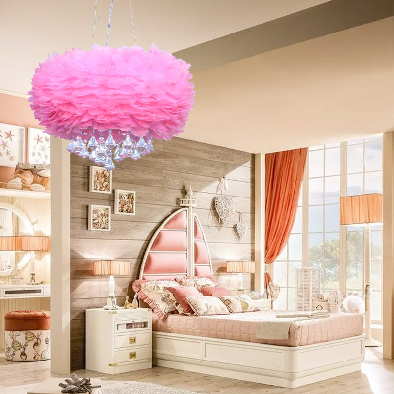 Feather Pendant Light - Modern Round Pink Ceiling Fixture With Crystal Drop 1 Bulb