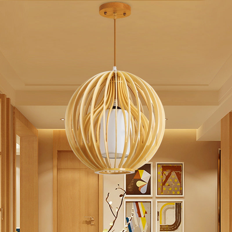 Contemporary Beige Hanging Lamp For Restaurants - Wood Ceiling Pendant With Orb/Hat Design / A