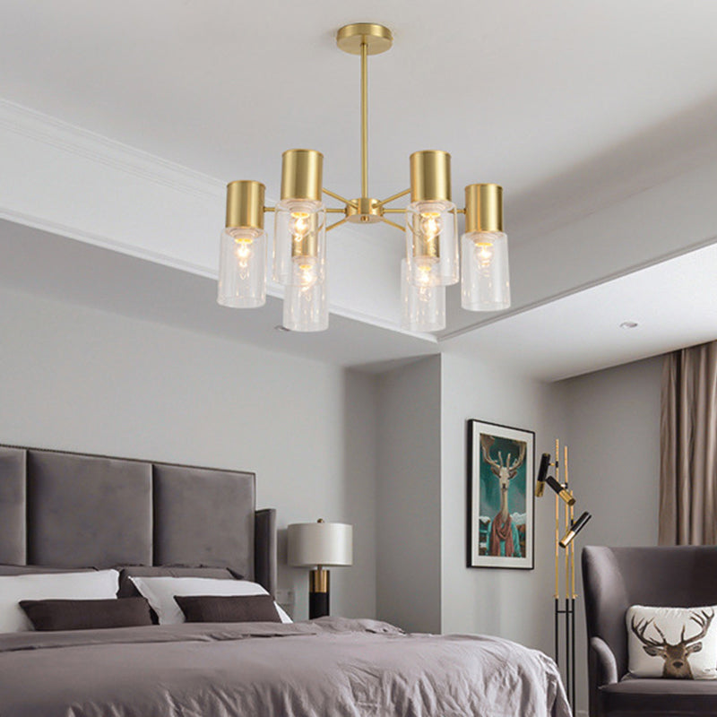 Postmodern Clear Glass Cylinder Chandelier Kit With 6/8/10 Brass Hanging Lamps