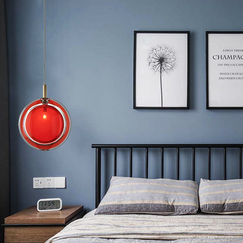 Macaron Red Glass Hanging Lamp Kit - Stylish Bedroom Pendant Light Fixture