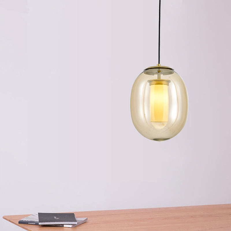 Contemporary Amber Glass Oval Pendant Ceiling Light With Gold Kit - 1 Head 7/8.5 / 7