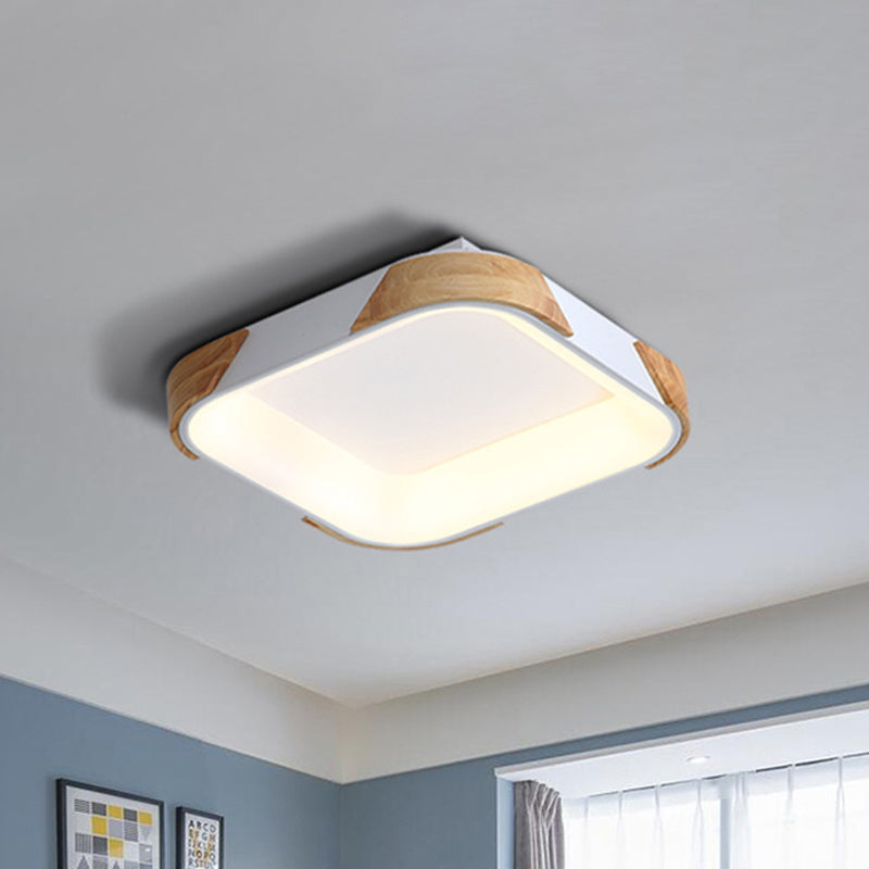 Square Macaron Flush Light Grey/White/Pink Wood LED Ceiling Fixture, Warm/White Light, 14"/18"/24" Wide