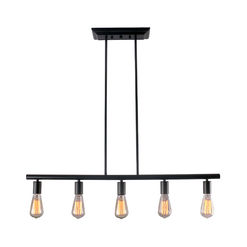 Vintage Style 5-Head Black Finish Linear Island Lamp - Metallic Hanging Light For Dining Room