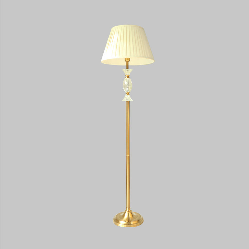 Traditional Tapered Fabric Standing Lamp: White Floor Light With Crystal Accent - Perfect For Living