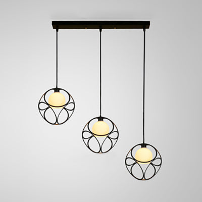 Retro 3-Head Cubic Cage Pendant Light With Glass Shade - Black / Linear