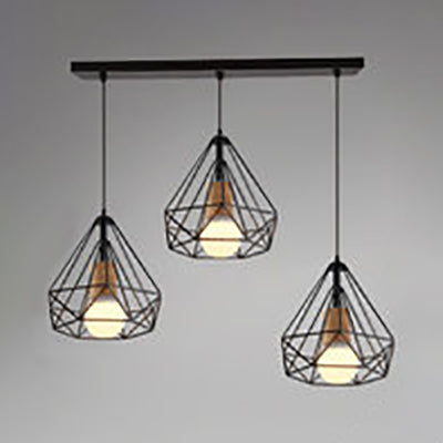 Industrial Style Black Pendant Lighting With Diamond Cage Shade - Set Of 3 Bulbs / Linear