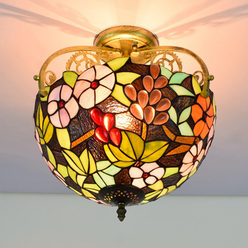 Victorian Style Semi-Flush Cut Glass Ceiling Light Fixture - 2 Lights Floral Bush Design In