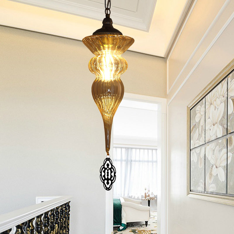 Vintage Brass Urn Drop Lamp With Prismatic Amber Glass Pendant For Restaurants