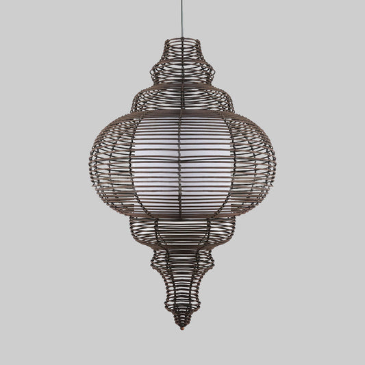 1-Bulb Chinese Ceiling Lamp With Coffee Gourd Design And Rattan Shade