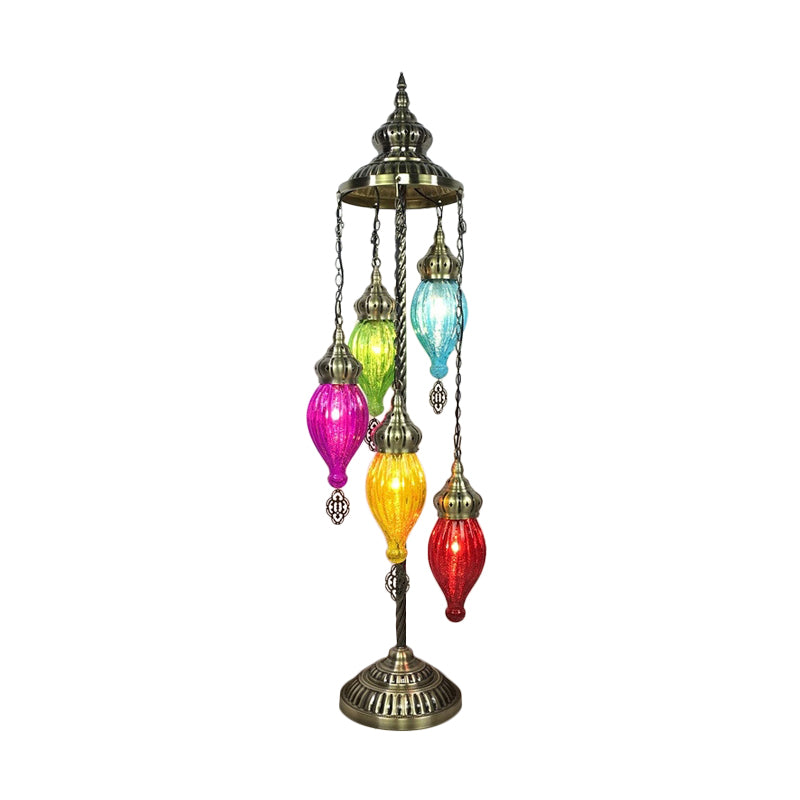 Traditional Brass 5-Light Standing Floor Lamp With Ribbed Glass Teardrop Shades For Living Room