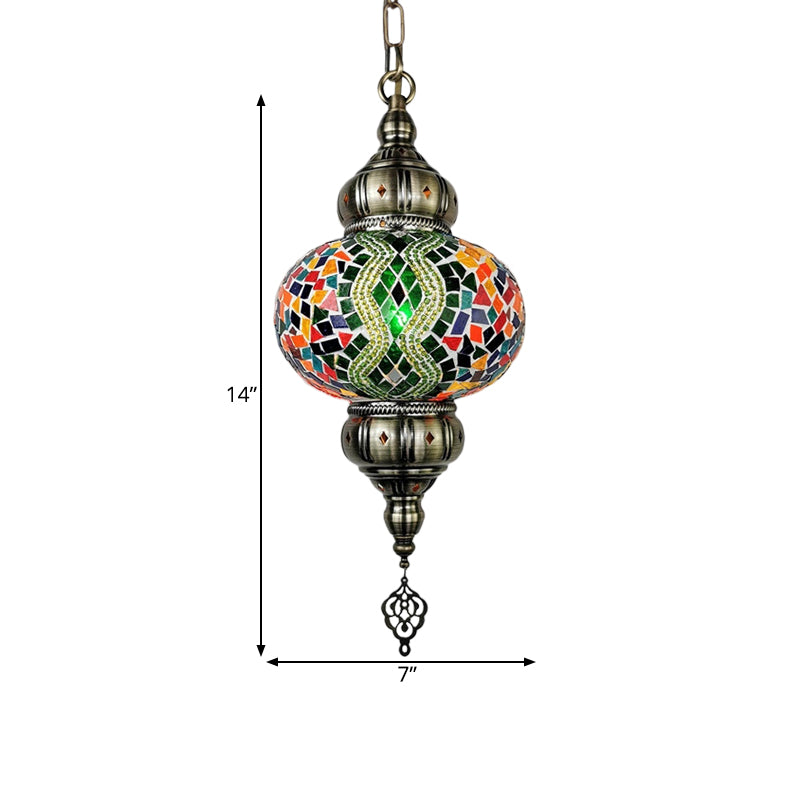 Vintage Stained Glass Pendant Lamp - Red/Orange/Green Oval Single Head Suspension Lighting