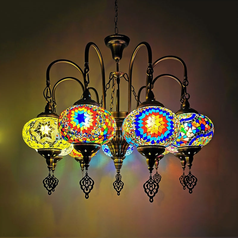 Vintage Yellow/Green Hand Cut Glass Chandelier Lighting - 9 Heads Oval Ceiling Pendant Light Yellow