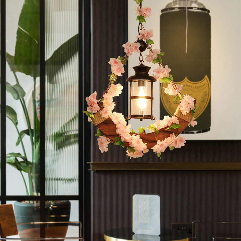 Vintage Lantern Suspension Lamp - 1 Head Metal Led Pendant Light In Pink/Green Plant/Cherry Blossom