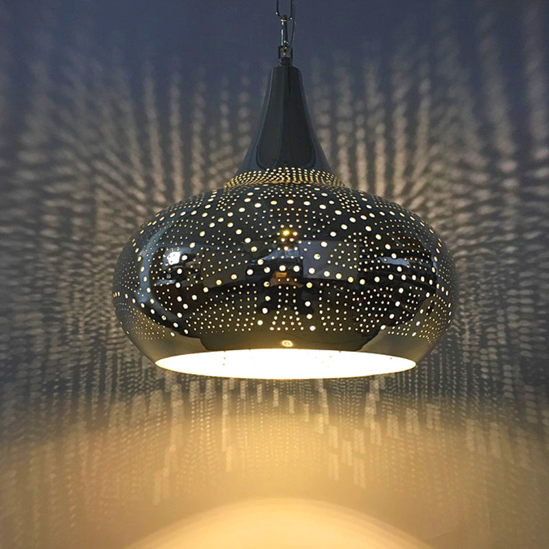 Arab Hanging Urn-Shaped Metal Light - 1-Head Black 9/12 Width For Living Room Suspension / 12