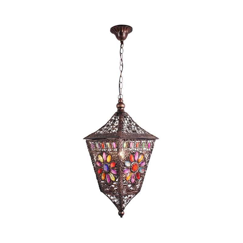 Traditional Rust Lantern Hanging Lamp Kit For Restaurant Suspension Lighting - 1 Head Metal Design