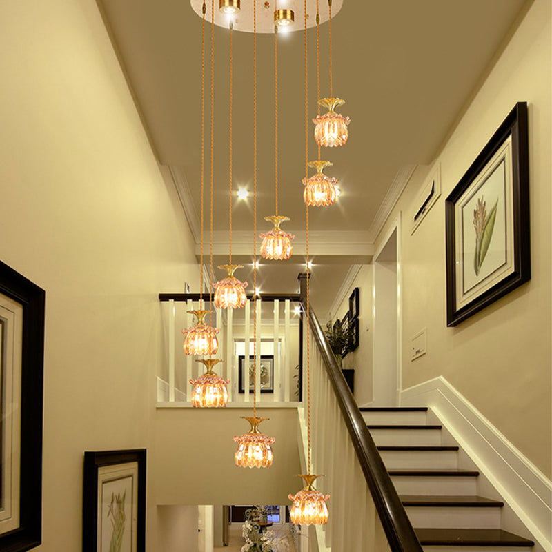 Modernist 8-Head Pendant Lamp: Tan Prismatic Glass Chandelier In Brass / Globe