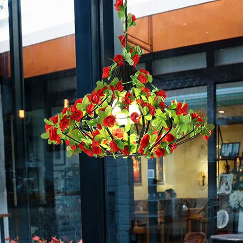 Antique Black/White Metal Cage Hanging Lamp With Flower Decor - Led Suspension Pendant For