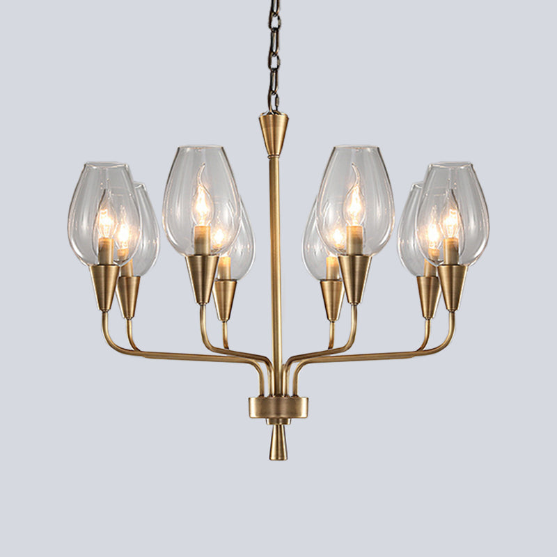Modern Clear Glass Cup Pendant Chandelier With 8-Head Brass Frame And Curved Arms