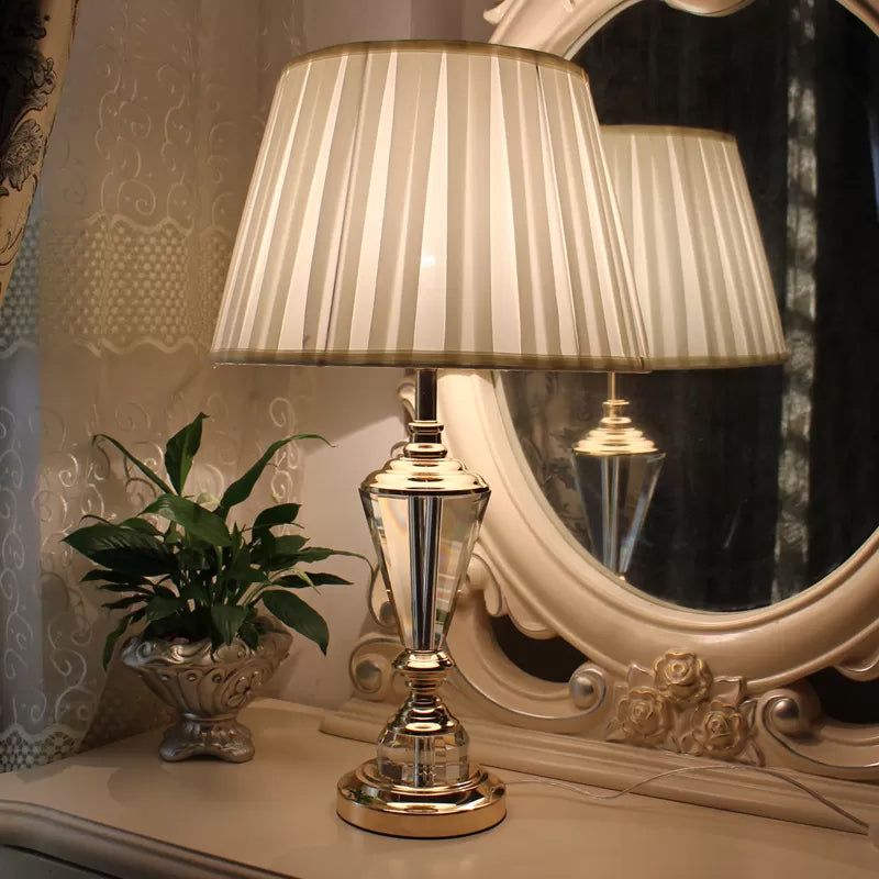 Contemporary White Fabric Study Lamp - Tapered Head Crystal Beveled Font Perfect For Reading