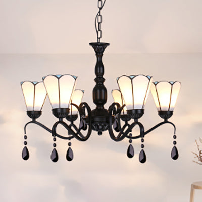 Vintage Stained Glass Pendant Light With Crystal Accents - Bedroom Ceiling Lighting (6 Lights) White