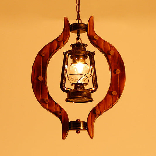 1-Light Iron Hanging Lantern: Warehouse Brass Pendant Lamp with Clear Glass and Wood Frame