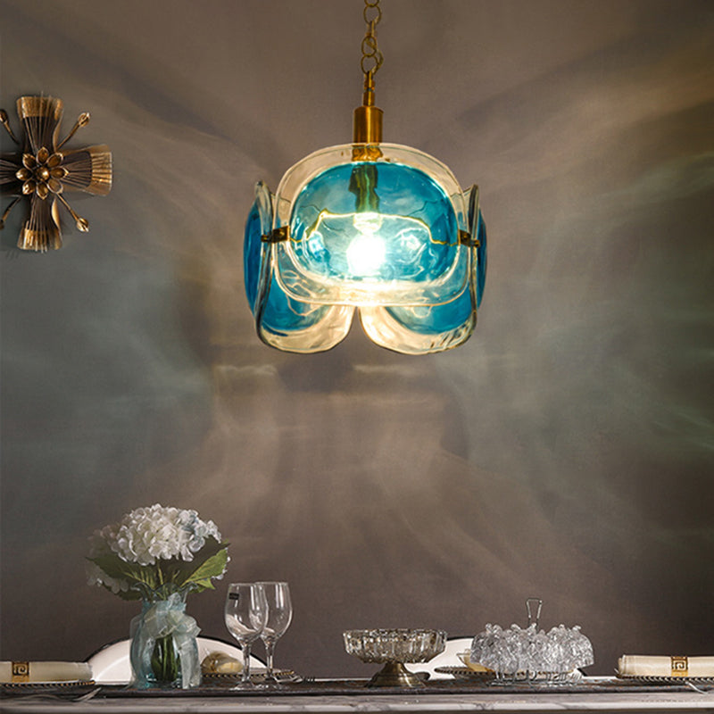 Modern Brass Pendant Lamp With Blue Water Glass Shade - Restaurant Ceiling Light Kit