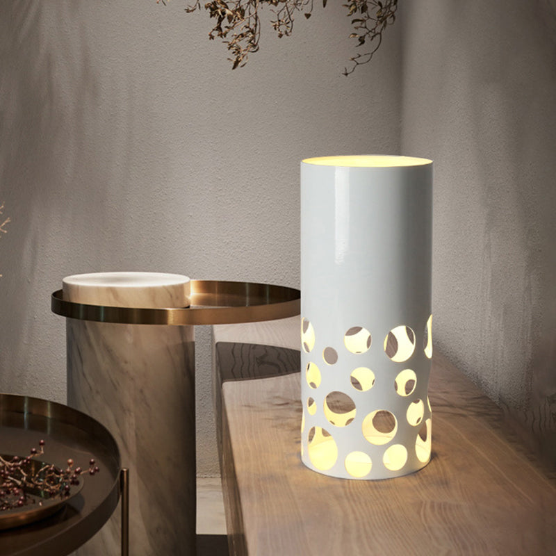 Modern Led Tearoom Table Light - White Finish Desk Lamp With Cylinder Metal Shade