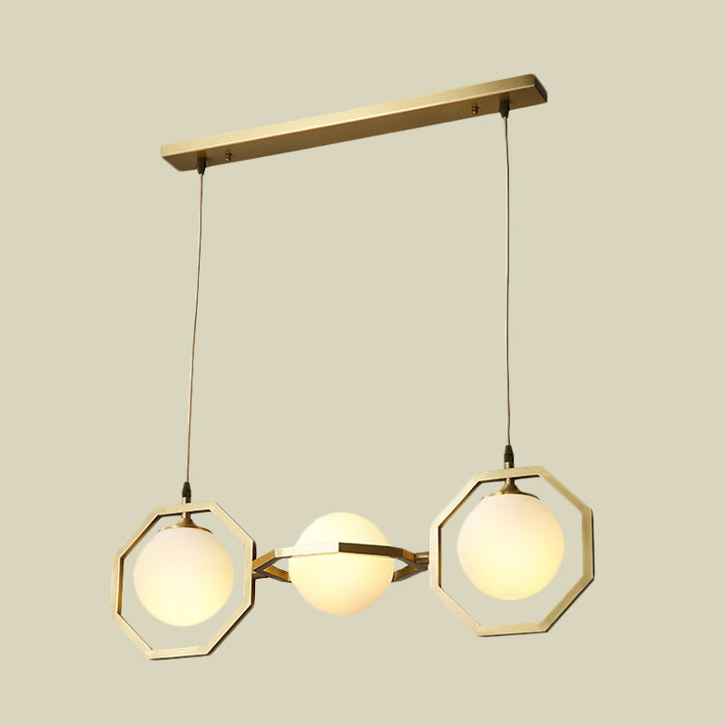 Modern White Frosted Glass Orb Island Light With Gold Octagon Frame - 3-Light Ceiling Pendant Lamp