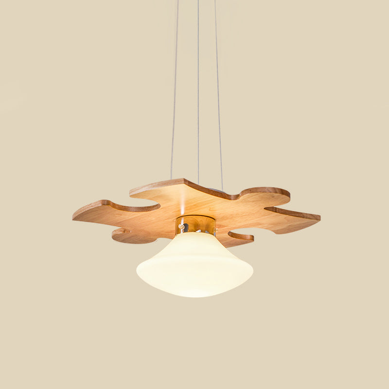 Suspension Light - Modern Wood Jigsaw Puzzle Hanging Lamp Kit With Mushroom Cream Glass Shade