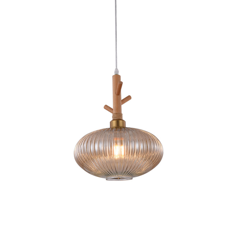 Modern Amber Glass Prismatic Pendant Lamp With Wooden Branch Cap - 1 Bulb Suspension