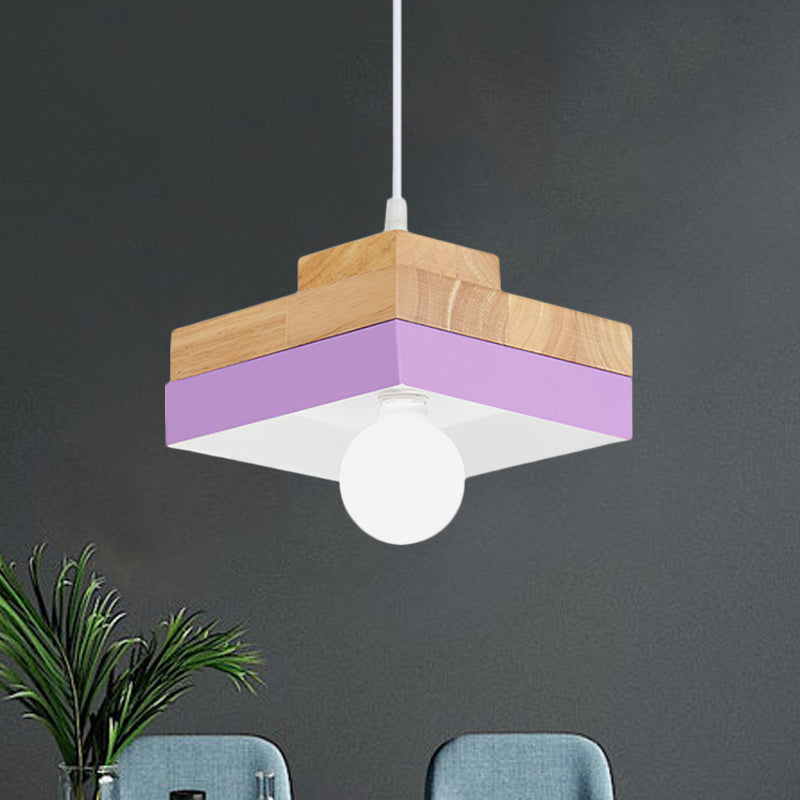 Colorful Macaron Circle/Square Down Lighting Metal Ceiling Lamp With Wood Accent - 1-Light For