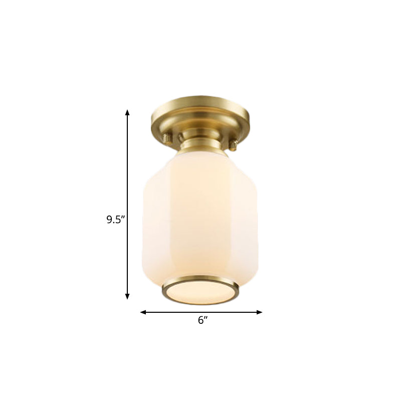 Traditional Lantern Flush Light Fixture In Brass With Opal Glass Shade - Ideal For Corridors