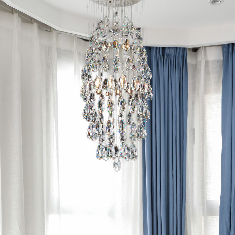 Modern Crystal Drip Flush Mount Chandelier In Satin Nickel Stylish 6-Bulb Ceiling Light For