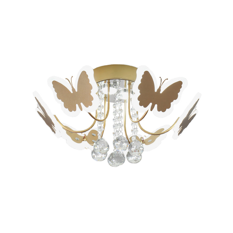 Gold Crystal Drop Butterfly Metal Semi Flush Modernist Led Bedroom Lamp
