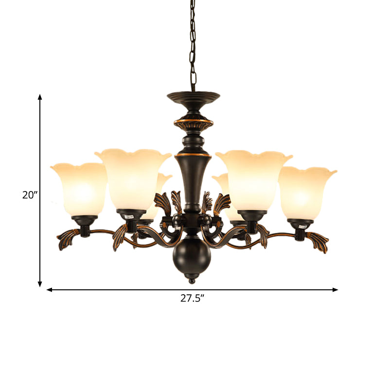 Vintage Floral Frosted Glass Chandelier - 6-Bulb Hanging Light Up Ceiling Suspension Black Finish