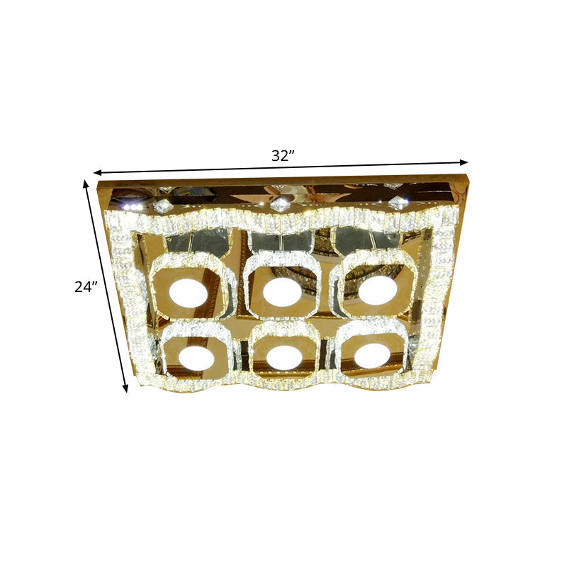 Modern Led Chrome Flush Ceiling Light Fixture - Clear Crystal Wave Rectangle Lamp