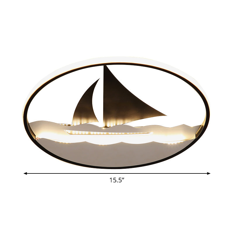 Black Sailboat Flushmount Lamp For Kids Rooms - Ocean-Themed Led Fixture