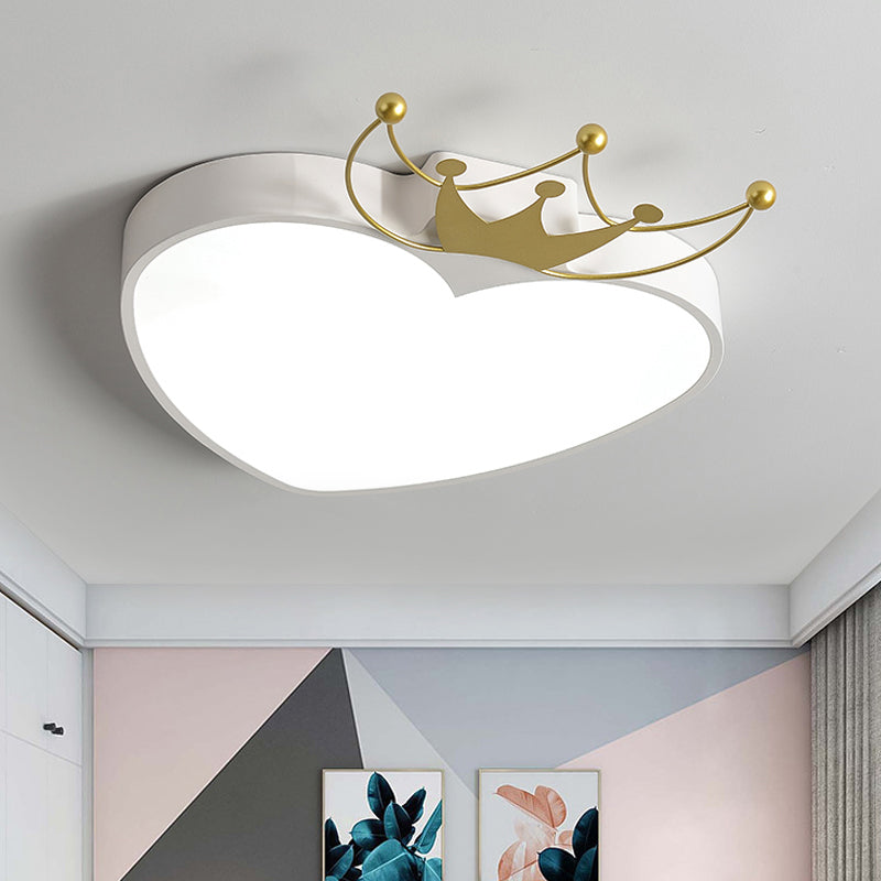 Kids Pink/White Apple Ceiling Mount Light With Crown Ornament - Led Acrylic Flush-Mount Fixture