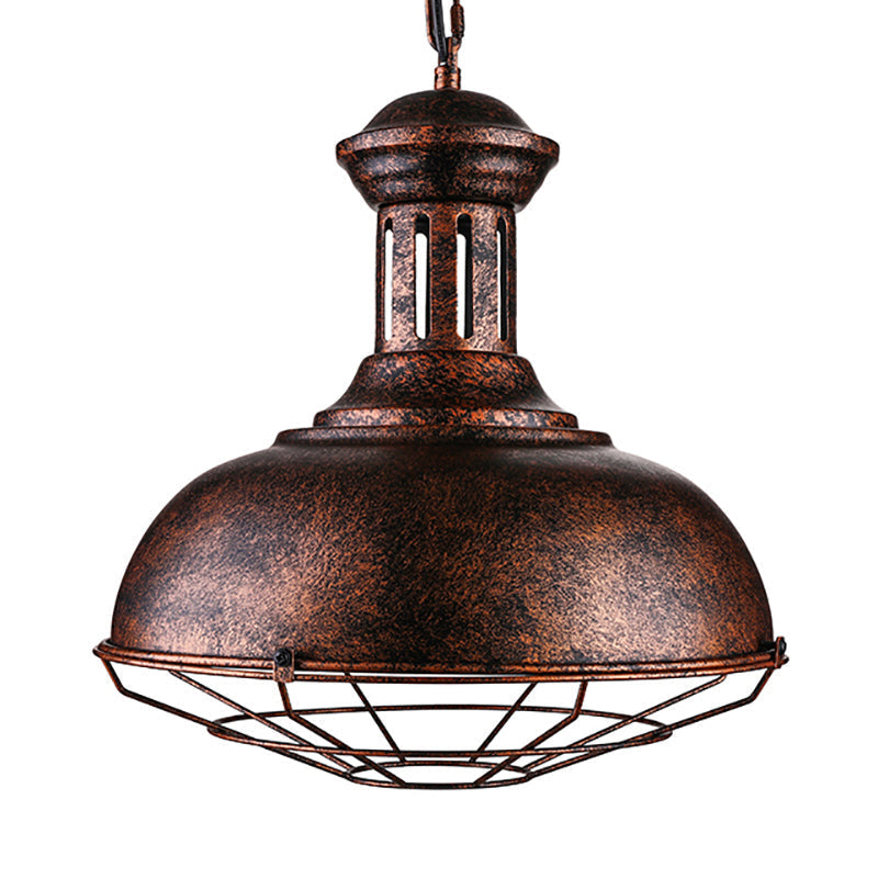Rust Finish Iron Hanging Ceiling Light - 1 Head Bowl Fixture For Warehouse With Wire Frame